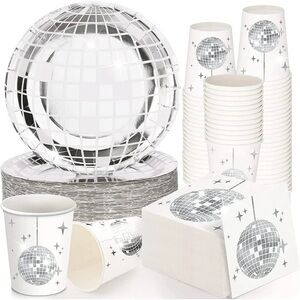 Silver Disco Ball Party Supplies Set (Serves 25)